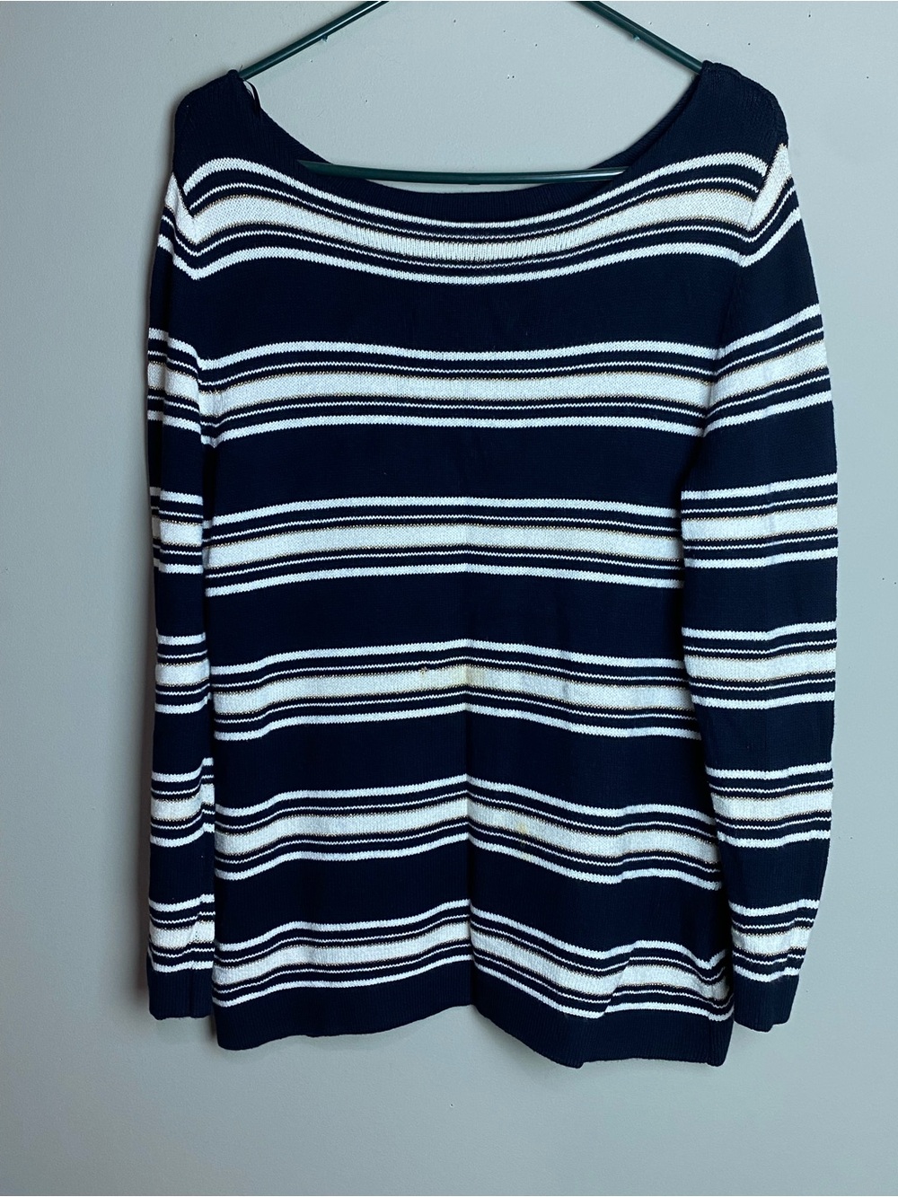 East 5th Navy & White Off-Shoulder Striped Knit Sweater